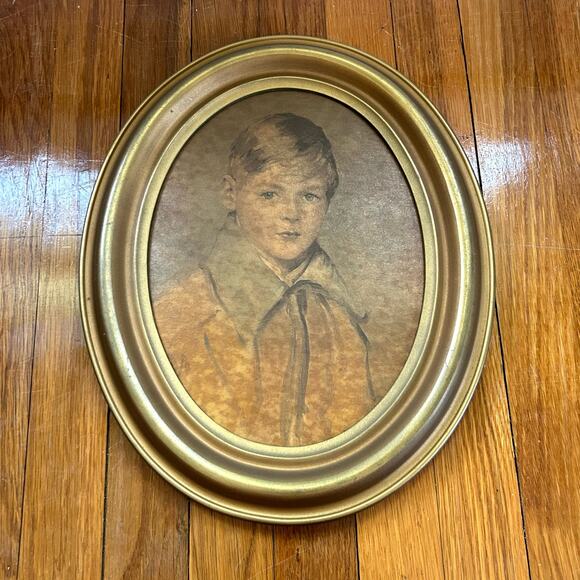 Set of 2 Vintage Victorian Girl & Boy Prints  in Wooden Oval Frames - Picture 10 of 15